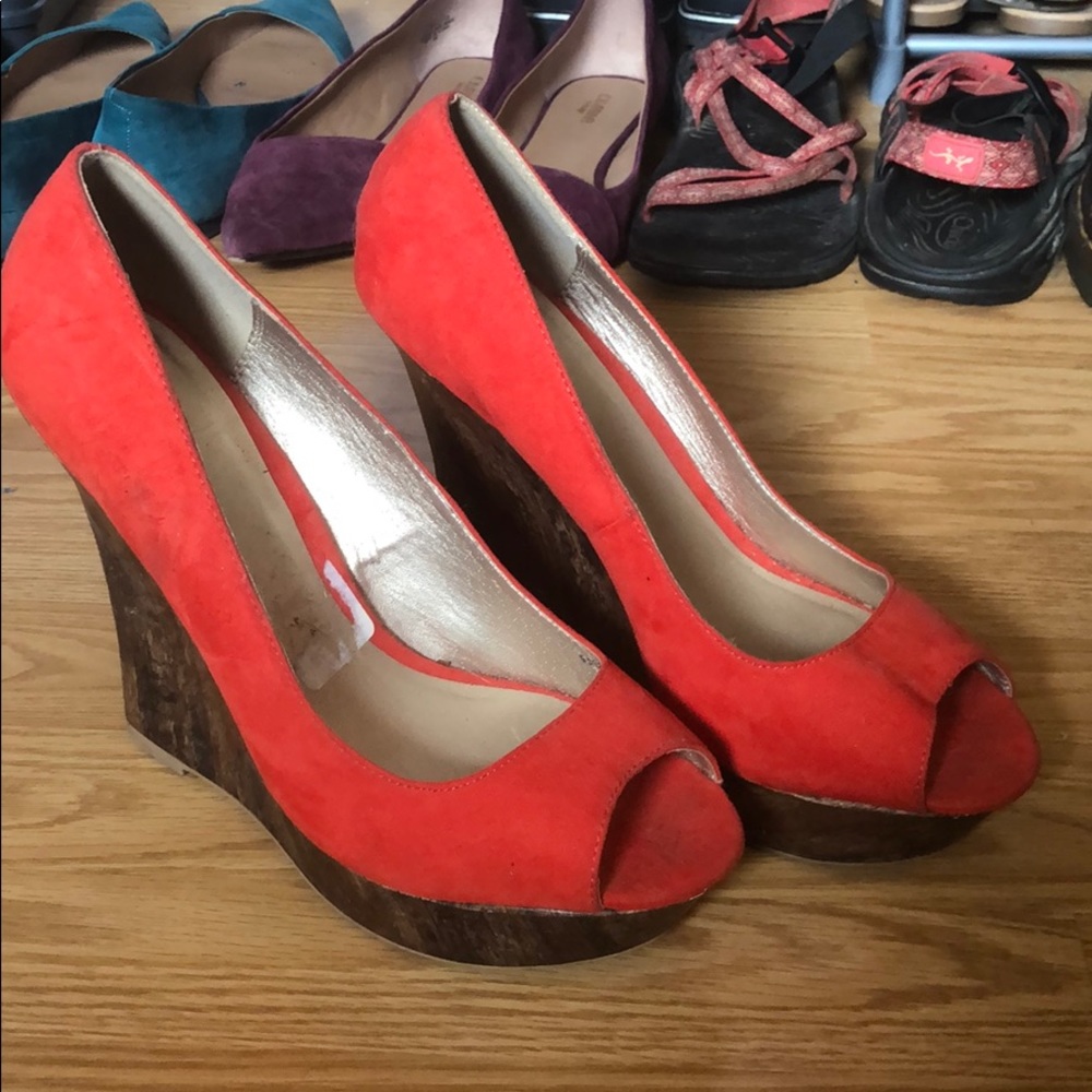 Bright red/orange wedges with wood heel